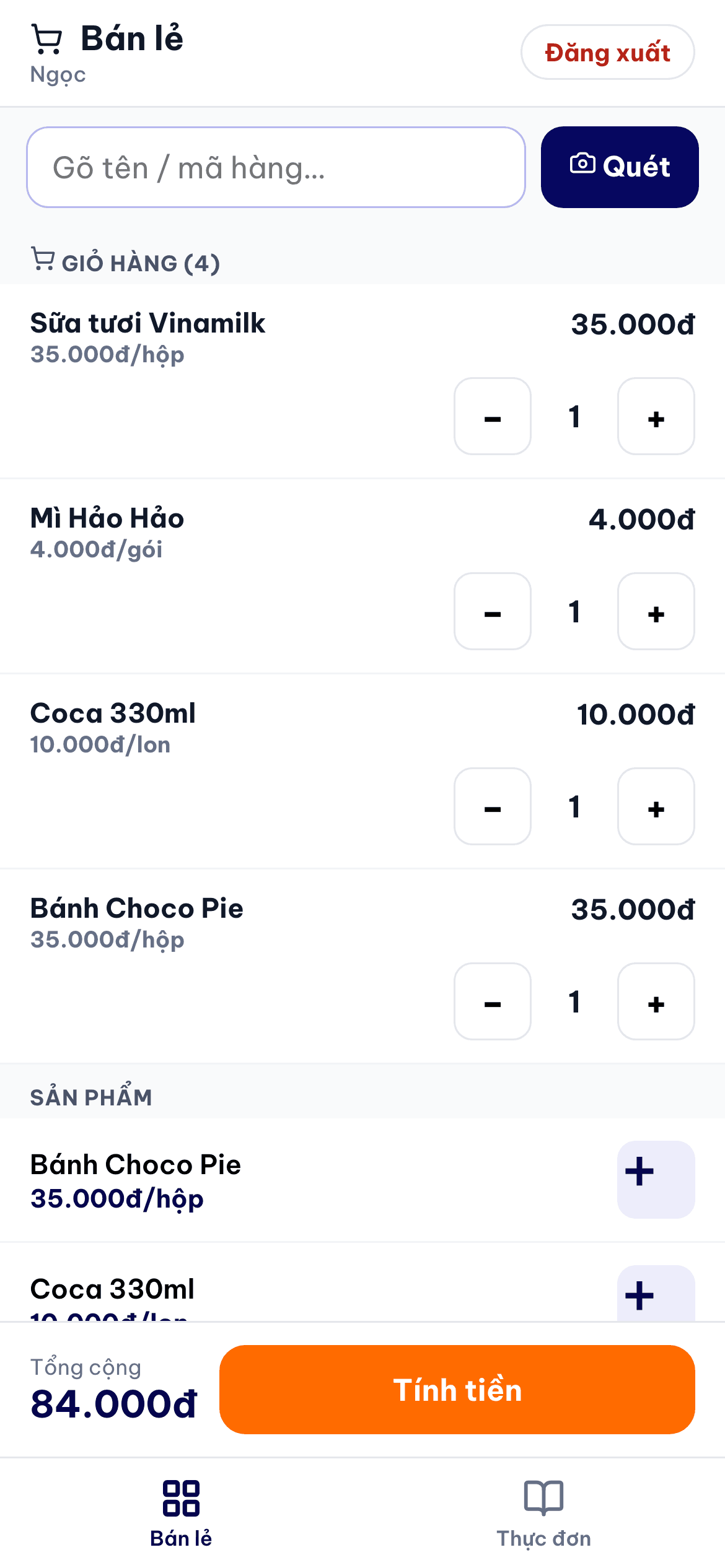Điện thoại: màn Thu ngân bán lẻ